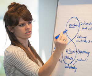 Photo of Megan Price, a white woman with brown hair in a half-up half-down style and wearing a white three quarter sleeve shirt. She is holding a blue marker and drawing a diagram on a large white sheet of paper propped up on an easel.